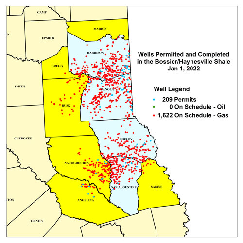 Wells Permitted and Completed in the Bossier/Haynesville Shale, January 2022
