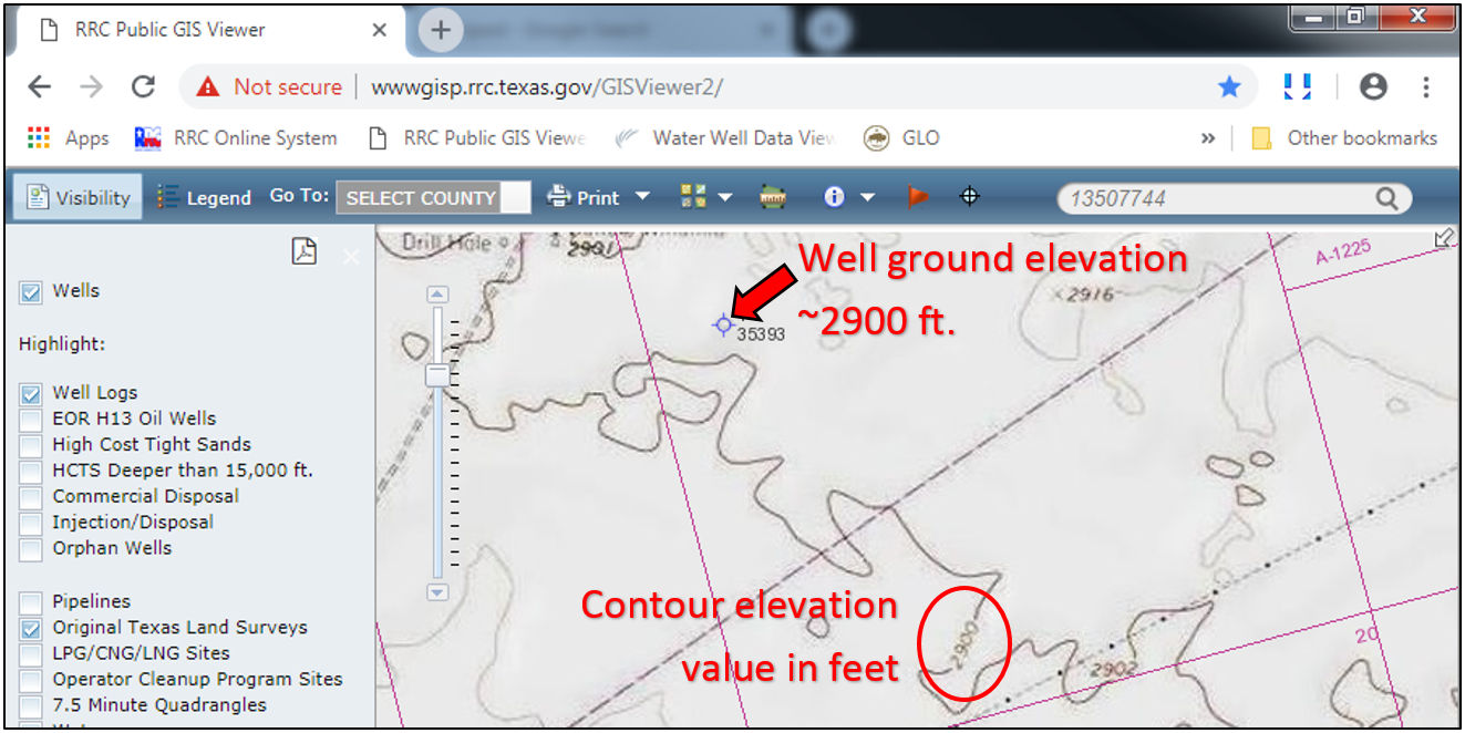 determine the ground elevation for a well in the RRC Public GIS Viewer by changing the basemap to “USA Topo Maps"