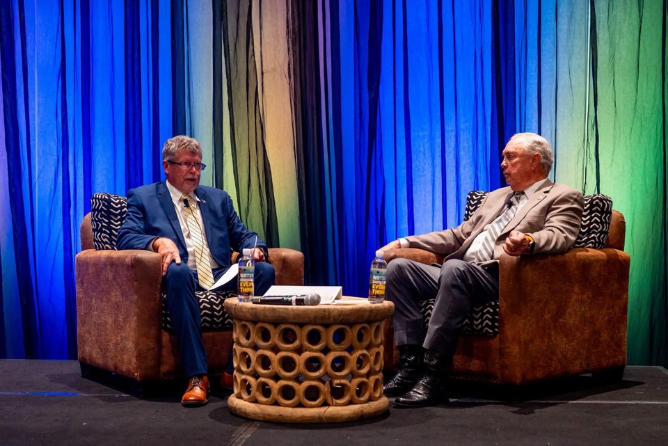 Jim Wright, RRC Chairman (left), speaks with State Representative Drew Darby during a fireside chat July 13.