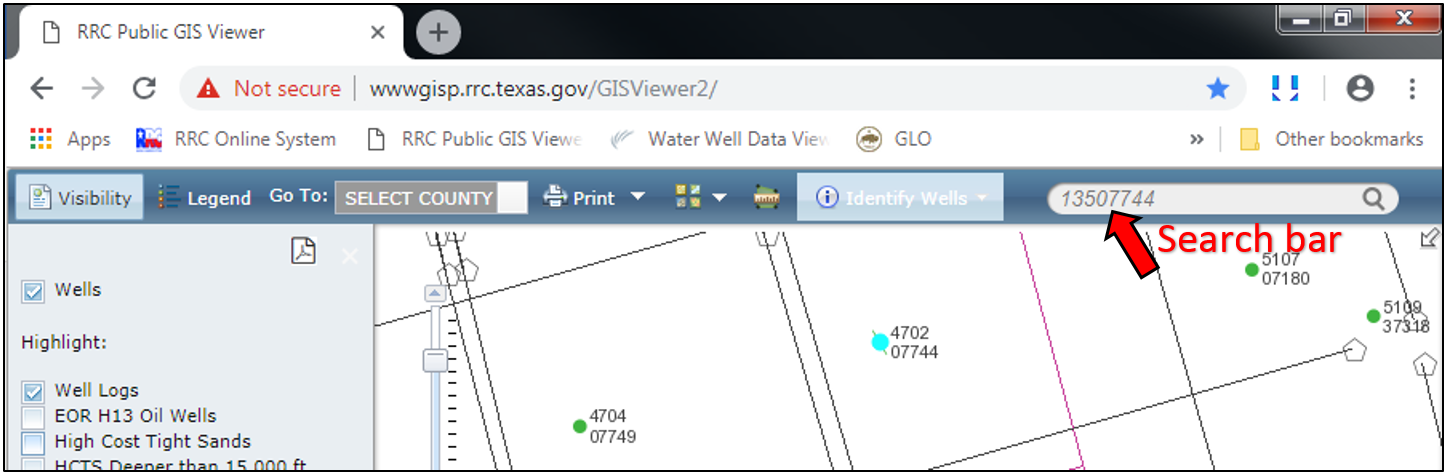 zoom to the location of an existing or permitted well by entering the eight digit API number into the search bar